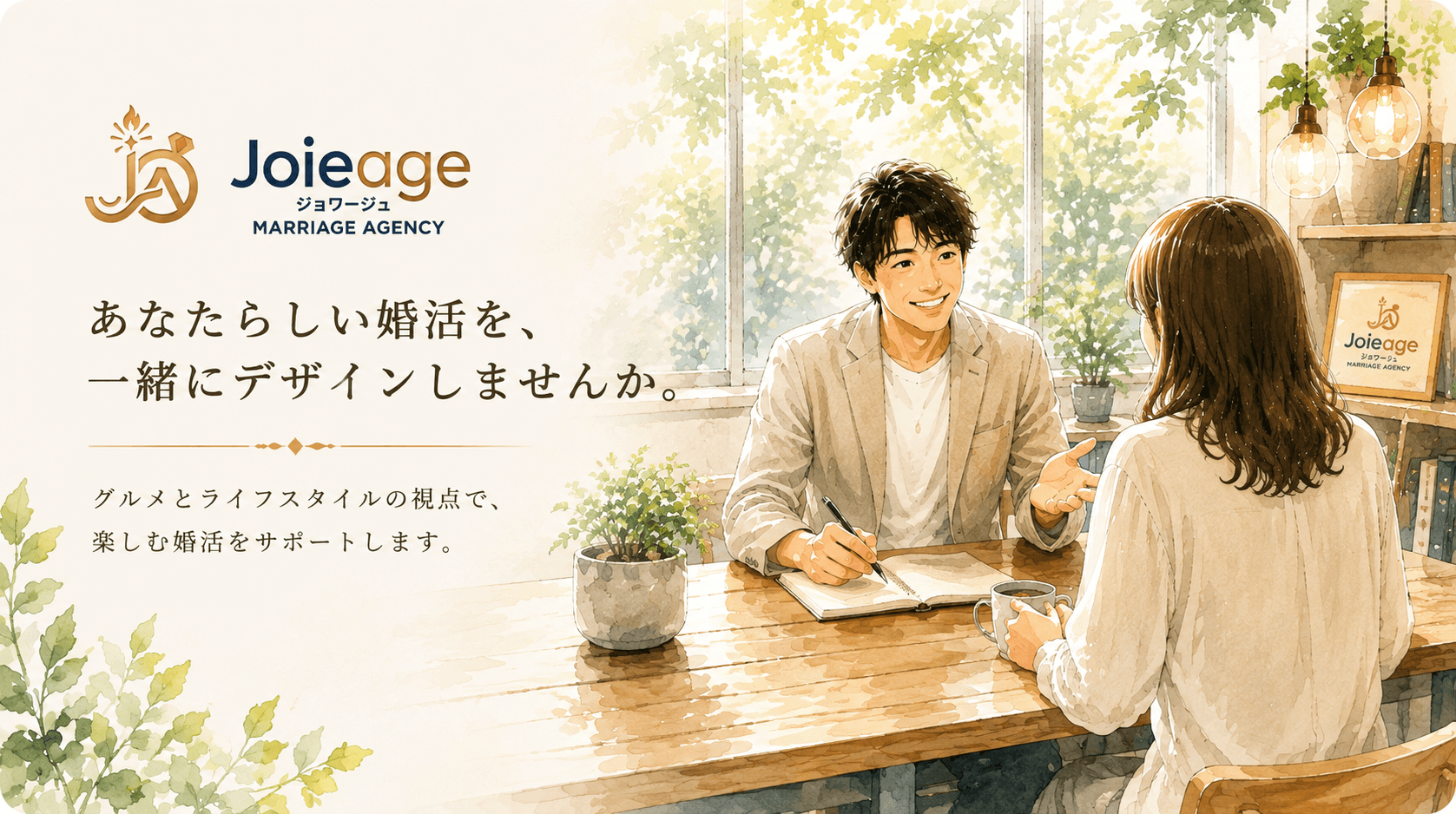 Joieageのロゴと無料相談の様子を描いたイラスト